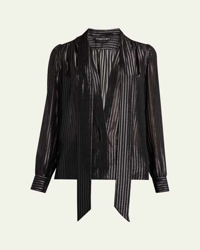 Metallic Striped Lavalliere Plunging Blouse